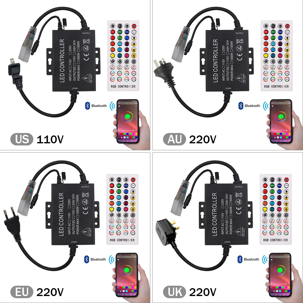 Bluetooth APP Remote Control RGB Controller For AC110V/220V 10mm PCB Width 5050 LED Neon Light Strip LED Controller with Plug