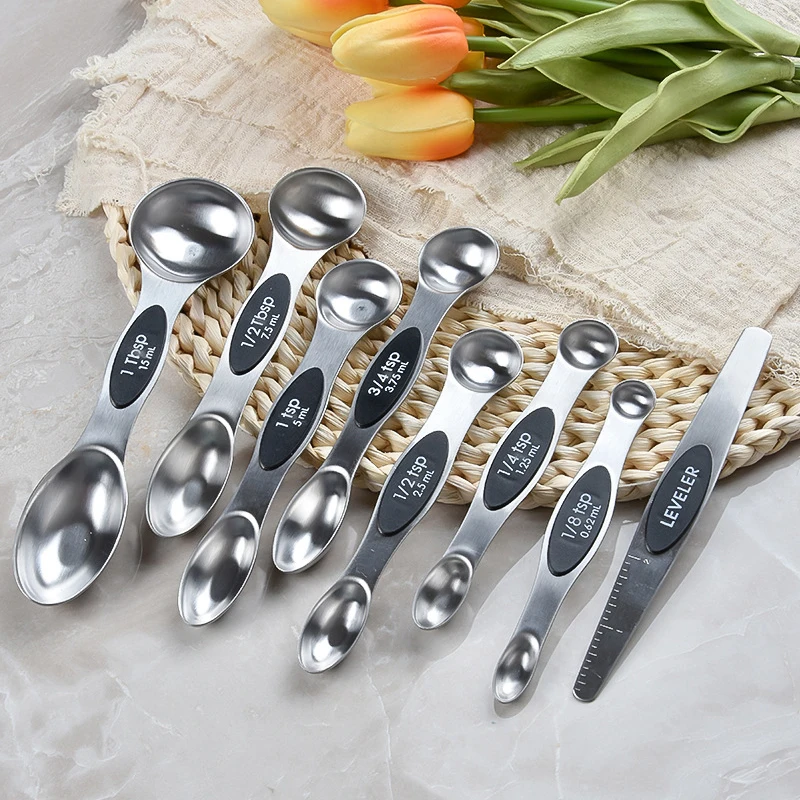 Stainless Steel Magnetic Double Head Measuring Spoons Set of 8 Easy Storage Food Grade Household Measuring Spoon for Seasoning