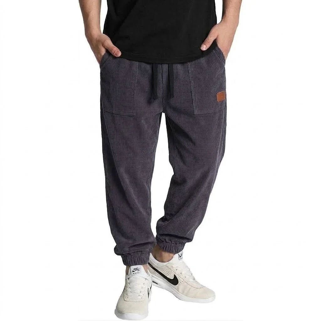 Mens Corduroy Jogging Pants Oversized Casual Slacks Drawstring Stretch Waist Pockets Loose Cut Vintage Outfit Season Garments