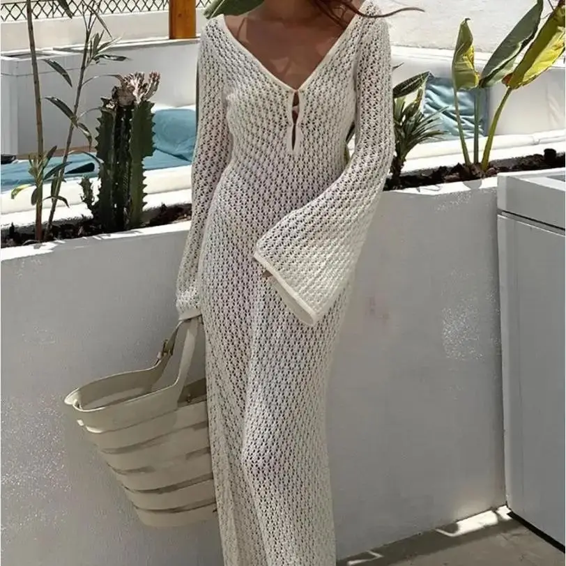 Knitting Hollow-Out Beachwear V-Neck Backless Casual Long Dress Women Beach Holiday Long Sleeve Bikini Cover-Ups Sunscreen Smock