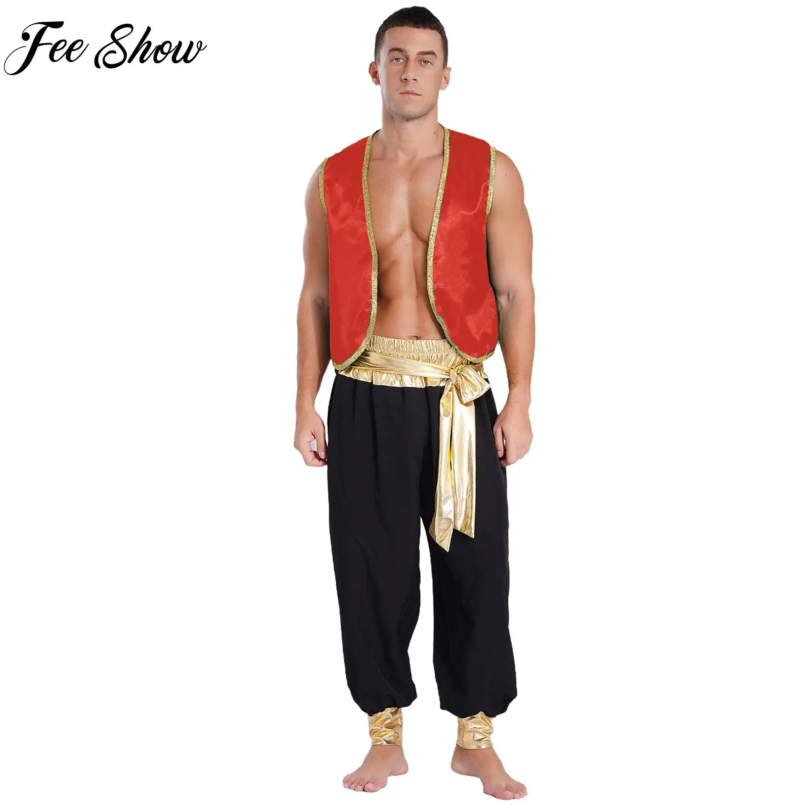 

Mens Fantasy Myth Arabian Prince Costume for Adults Stage Outfit Open Front Waistcoat Pants Suit for Cosplay Halloween Carnival