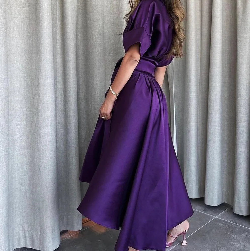 Classic Pleats Buttons Belt Tea Length Evening Dresses Temperament A-Line Satin Crew Neck Purple Party Gowns vestidos de fiesta