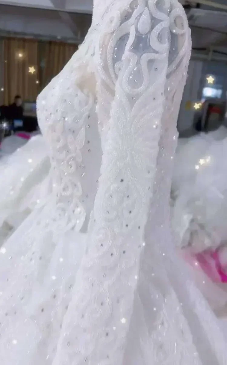 Customized  High Neck Appliques Beads Wedding Dress Robe De Mariee Luxe Luxury Africa Long Sleeves Ballgown Puffy Bridal Gown