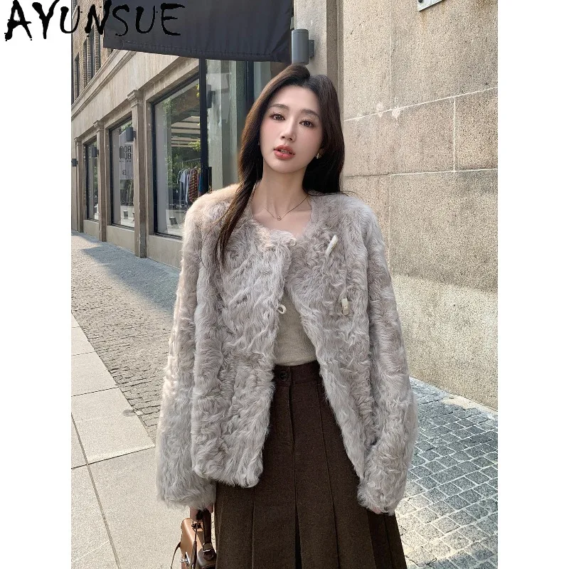 

AYUNSUE Натуральные шерстяные пальто для женщин, зимние кожаные и меховые куртки, топы с длинными рукавами для женщин, короткая верхняя одежда, женская одежда, новинка