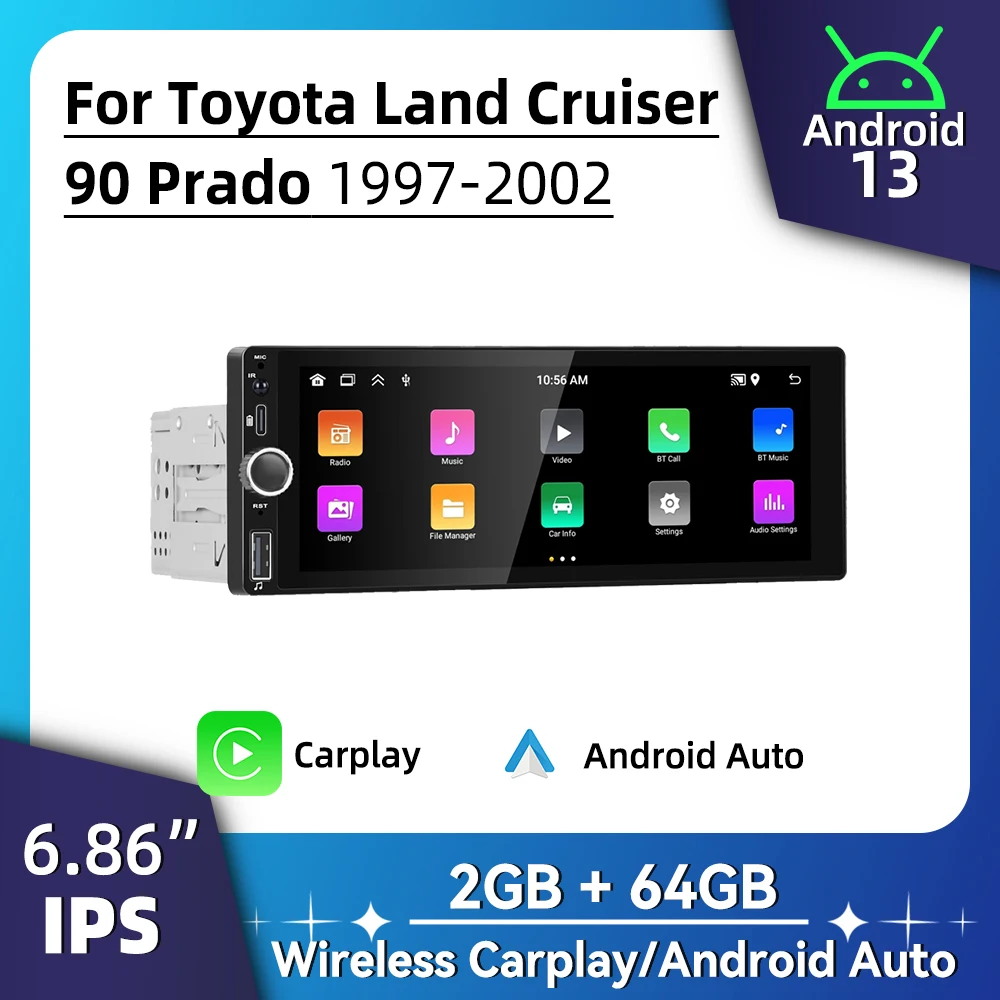 1 الدين راديو السيارة أندرويد لتويوتا لاند كروزر 90 برادو 1997-2002 6.86 "شاشة ستيريو Carplay أندرويد السيارات الوسائط المتعددة رئيس وحدة