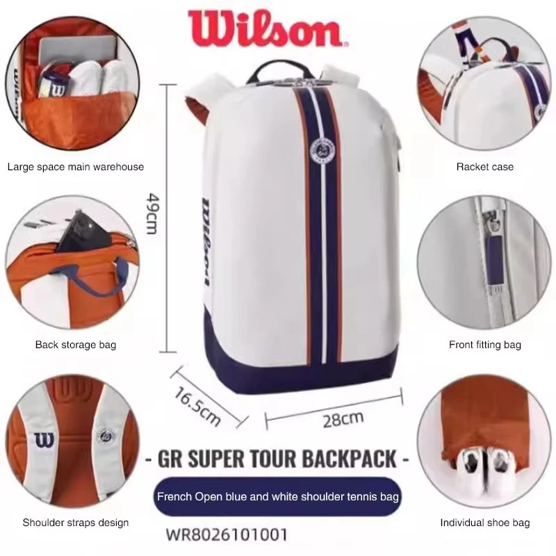 Wilson Super Tour Roland Garos Borsa per racchetta da tennis Zaino per racchetta da tennis impermeabile di grande capacità con scomparto per donna uomo