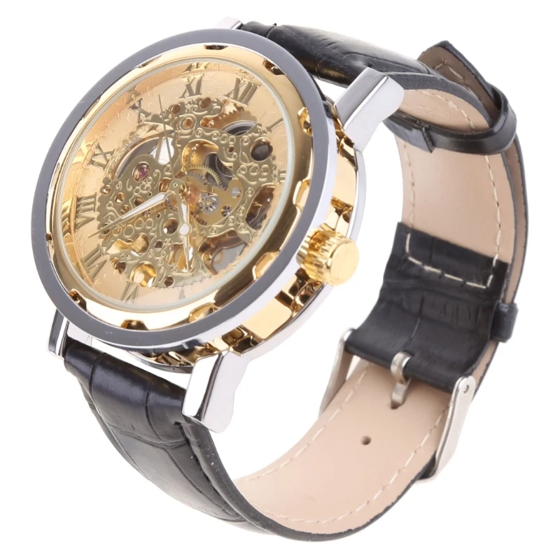 Classic Mens Mechanical Watch Black Leather Gold Dial Skeleton Army Sport Wristwatch Cool Relogio