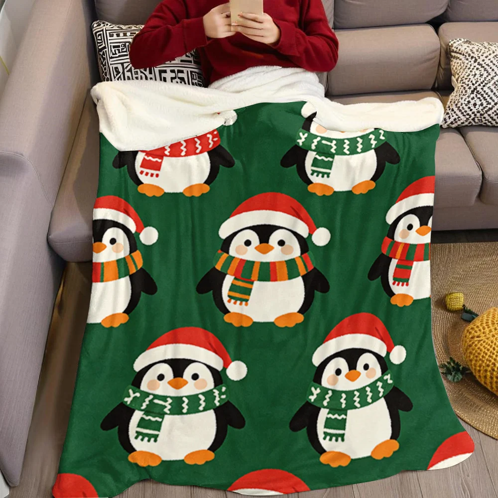 Cute Penguin Christmas Flannel Blanket Warm Soft Halloween Christmas All-Season Couch Decorative Cozy Warm Gift