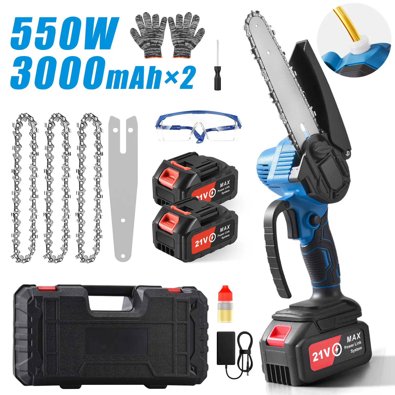 

6'' Mini Chainsaw Cordless Handheld Electric Chain Saw for Tree Branches Cutting Pruning Saw w/ 2 Batteries&3 Chains&Plastic Box