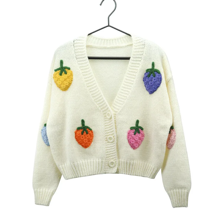 Elegant Cardigan Women Korean Fashion Vintage Strawberries Knit Sweaters Women Black Long Sleeve Top Knitted Button Up Pink Top