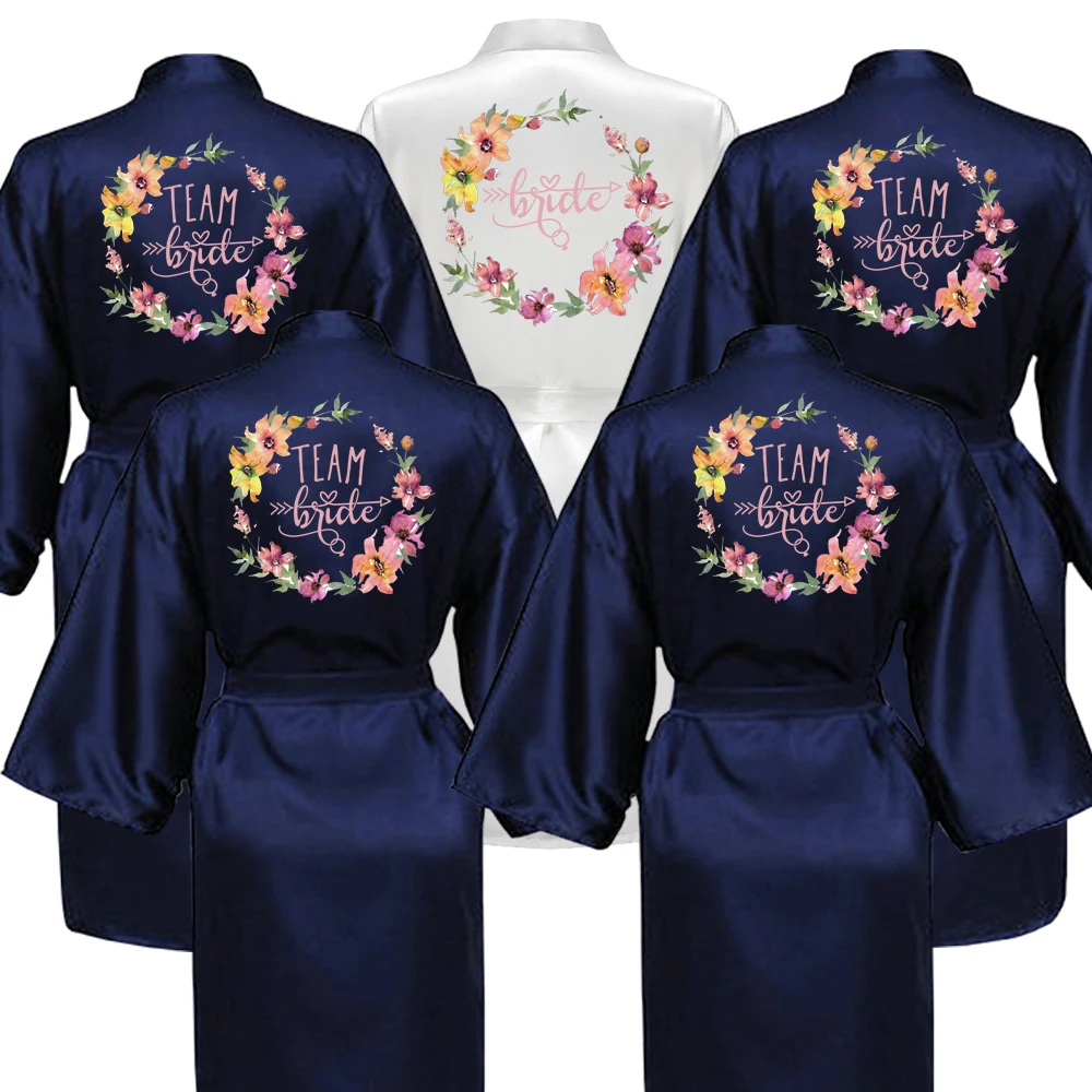 Women Silk Satin Short Night Printing Robe Kimono Robe Fashion Bath Robe Sexy Bathrobe Femme Wedding Bride Bridesmaid