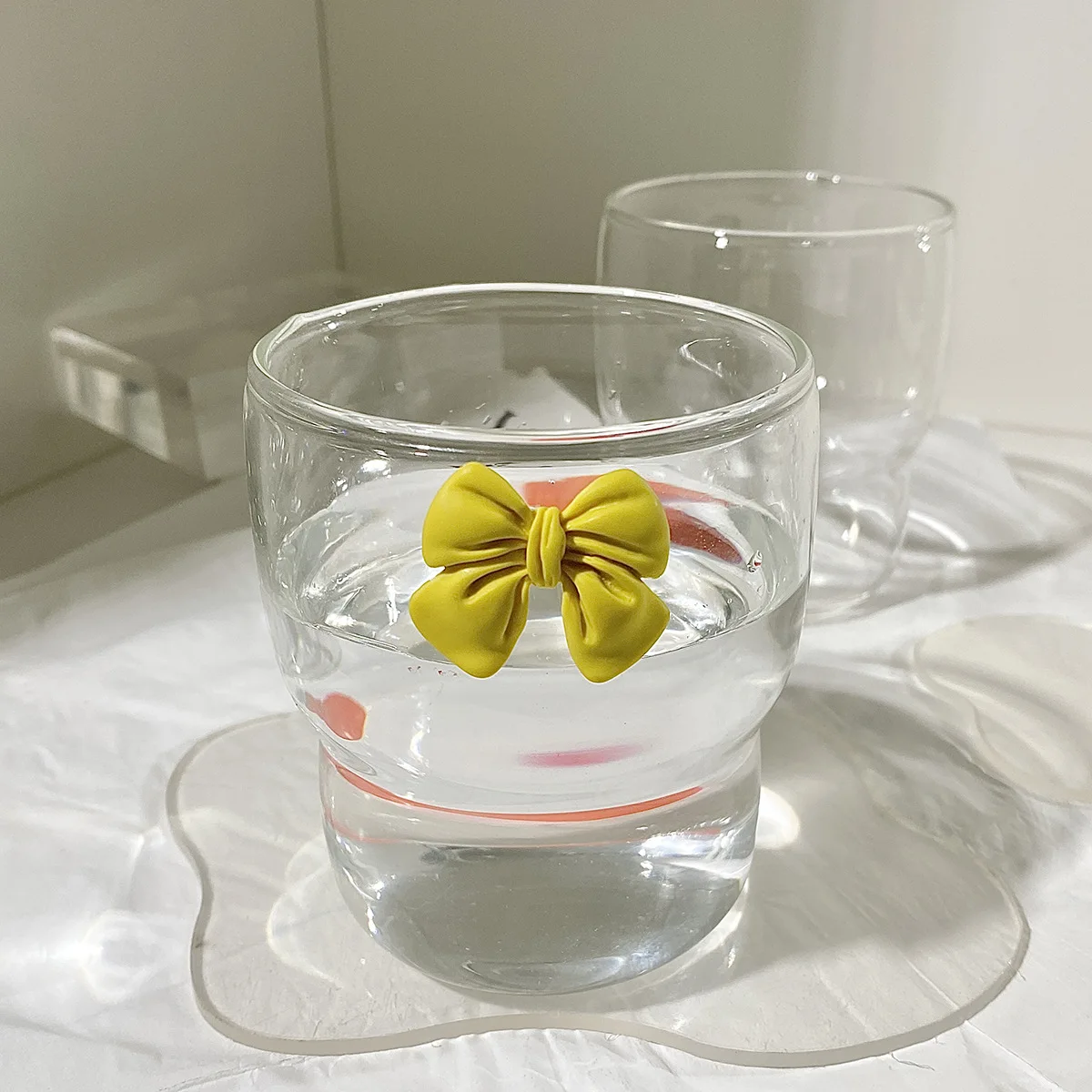 1pc 1PC Pink Bow Glass Cute Water Cup Cartoon Bow Glass Cup Striped Cute Doodle Coffee Mug Household Fruit Tea Lemonade Girls Gi