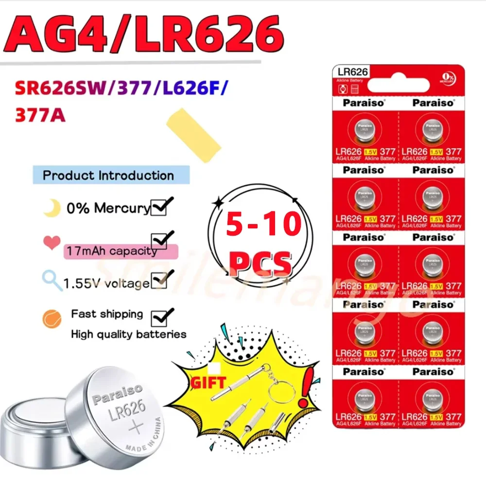AG4 1.55V alkaline button battery, LR626 377 SR626 177 626A， Suitable for watches, toys, calculators, car keys, and clocks