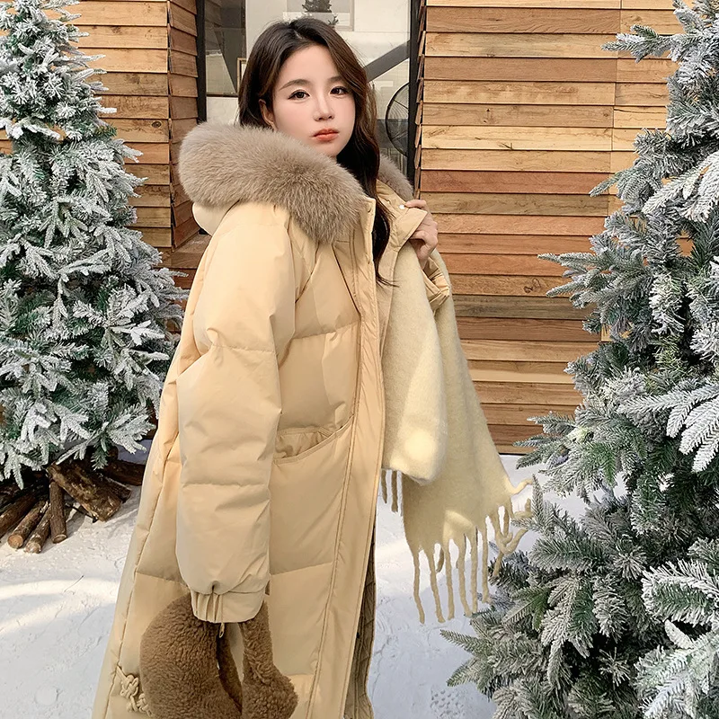 Fox fur collar 2024 winter new Korean version medium long down jacket for women, loose and thick duck down warm jacket