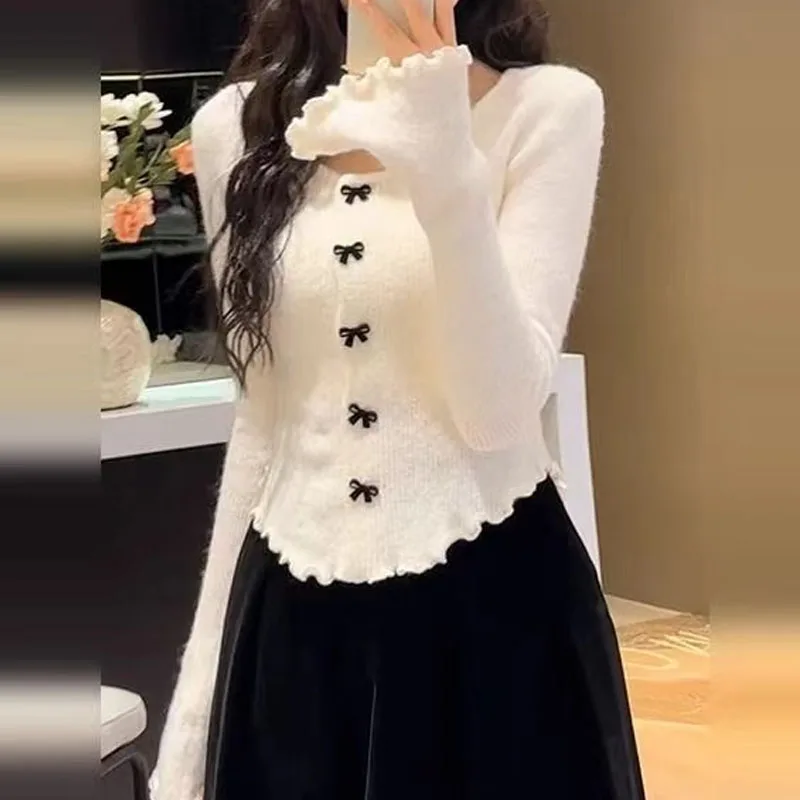 

Knitted Sweater Women Cardigans New Long Sleeve O-Neck Black Knit Sweater Cardigan Women Tops Knitwears Sueters De Mujer Q1442