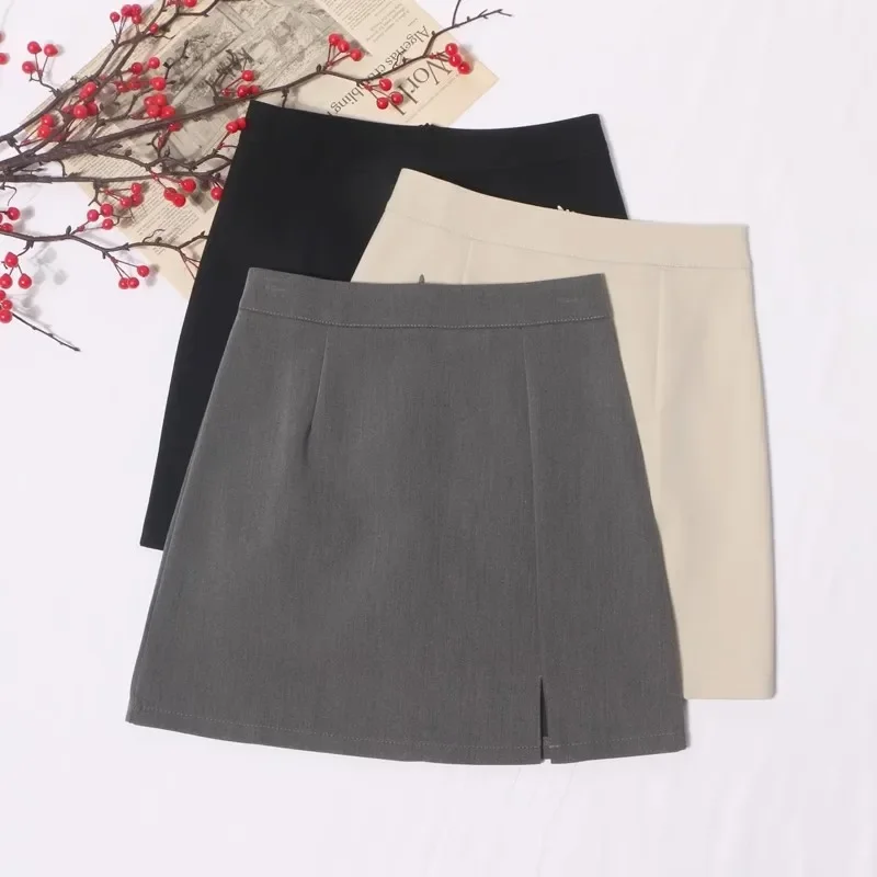 Pop 2024 New Spring High-waisted Anti-exposure A- Line Mini Dress Women's Korean Style Side Slit Hip Covering Skirt
