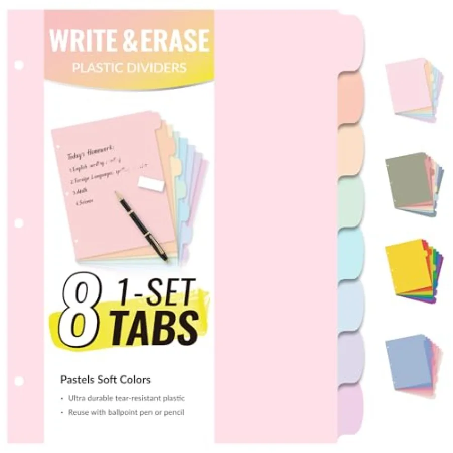 

8 Tabs Long-Lasting Plastic Write and Erase Large Tabs Dividers for 3 Ring Binder, Aesthetic Cute Pastels Binder Dividers for S