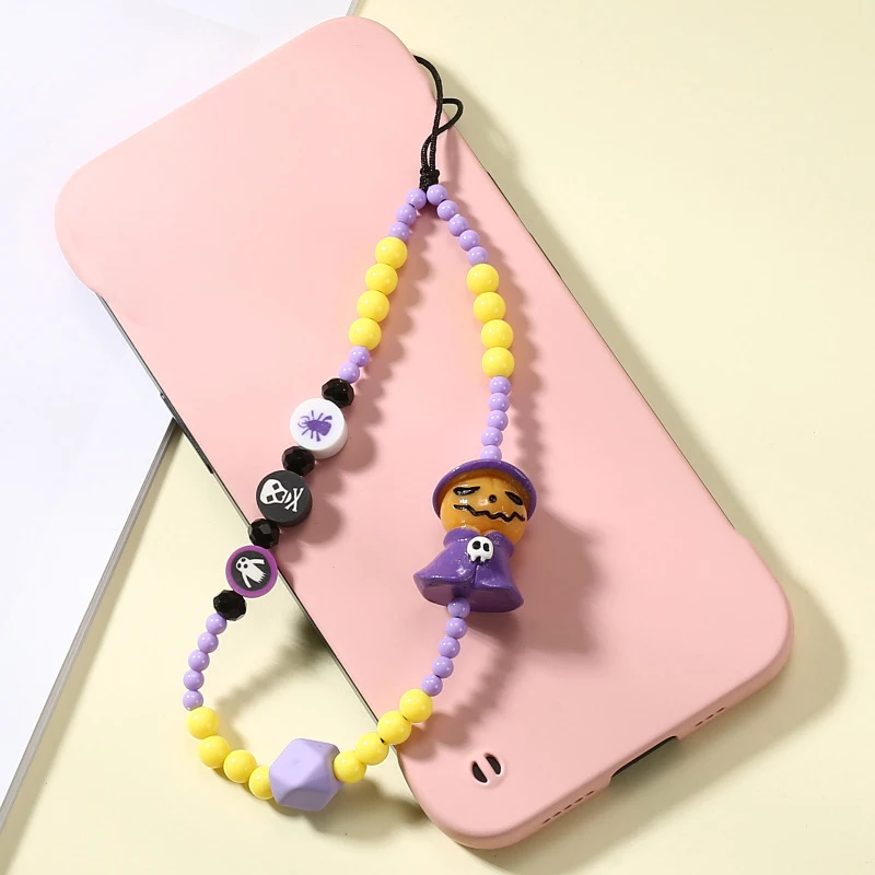 1PC Halloween Ghost Pumpkin Lamp Phone Chain Beaded Mobile Phone Lanyard Wrist Strap For Girl Anti-Lost Cellphone Strap Keychain