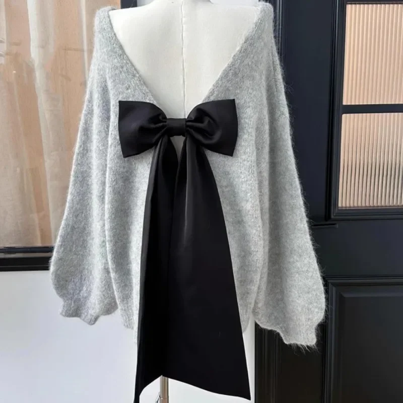 Kimotimo Sexy Backless Bow Sweater Women Autumn Winter Lazy Loose Long Sleeve Knitted Pullover Fashion Design Sweet Top Jumper