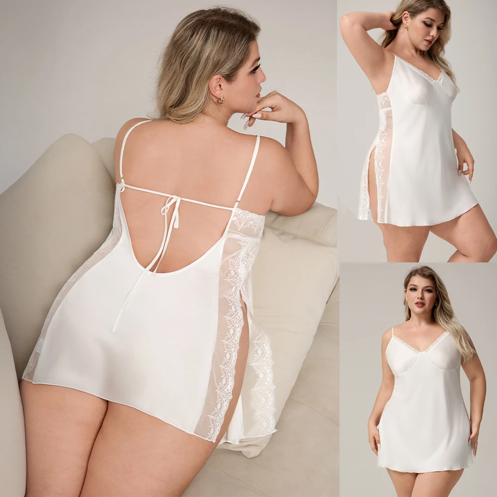 Plus Size 5XL Women Nightgown Chemise Sleepwear Intimate Lingerie Nightdress Sexy Lace Patchwork Slit Backless Lace Up Nighty
