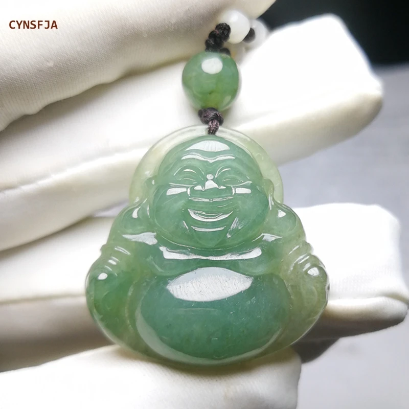 

CYNSFJA New Real Rare Certified Natural Burmese A Emerald Jadeite Lucky Buddha Jade Pendant Charms Ice Green Hand -Carved Gifts