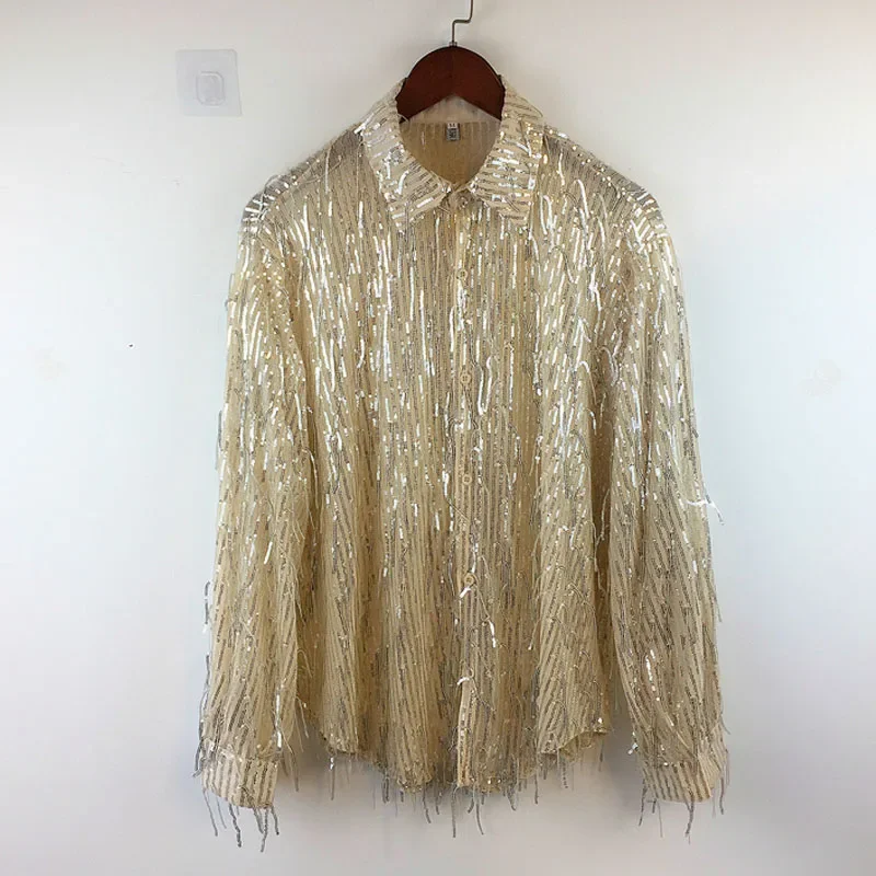 Men See Through Long Sleeve Casual Tassel Sequins Shirt Male Retro Oversized Streetwear Loose Dress Shirts Stage Show Clothing