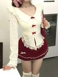 Christmas Sweet Lace New 2 Piece Set Women Bow Fashion Long Sleeved Tops + Red Short Skirt Red Elegant Skirt Suit Winter 2024