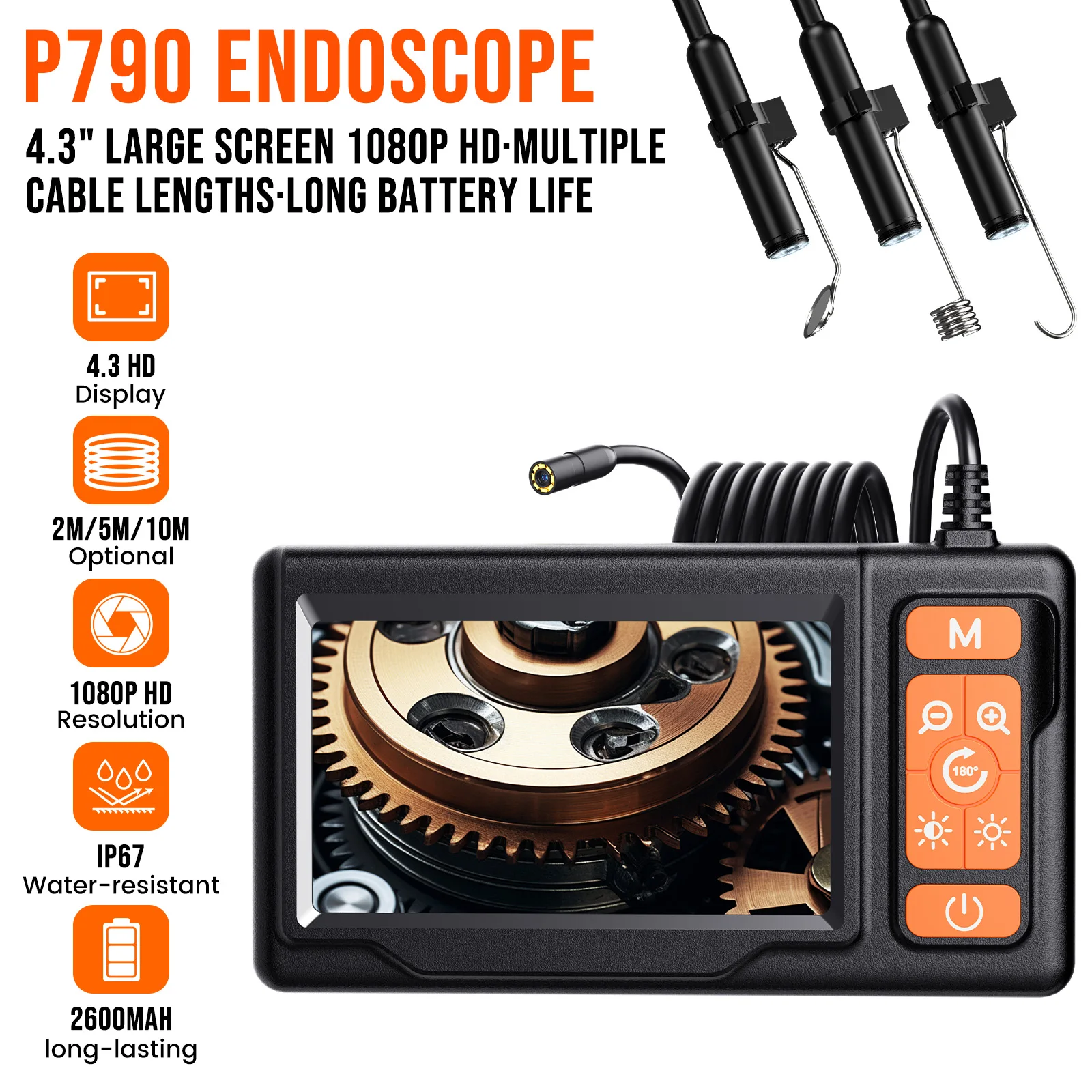Industrielles Endoskop mit 4,3" LCD 1080P HD Inspektionskamera, 8mm Endoskop, IP67 wasserdicht, 2m/5m/10m Kabel für Rohr-, Kanal- und Autoreparaturen – Detail 1