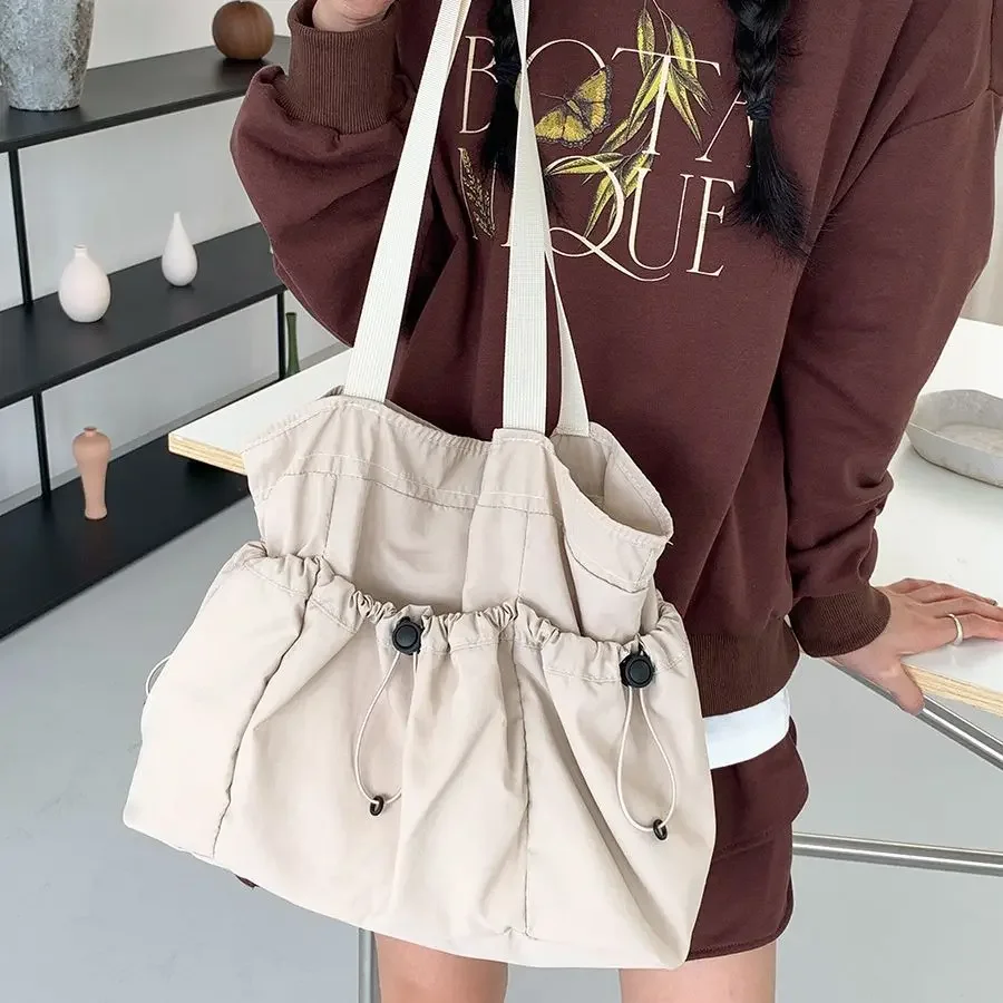 Bolsa de ombro com cordão para mulheres, nylon coreano leve, sacola escolar adolescente, bolsa casual de viagem