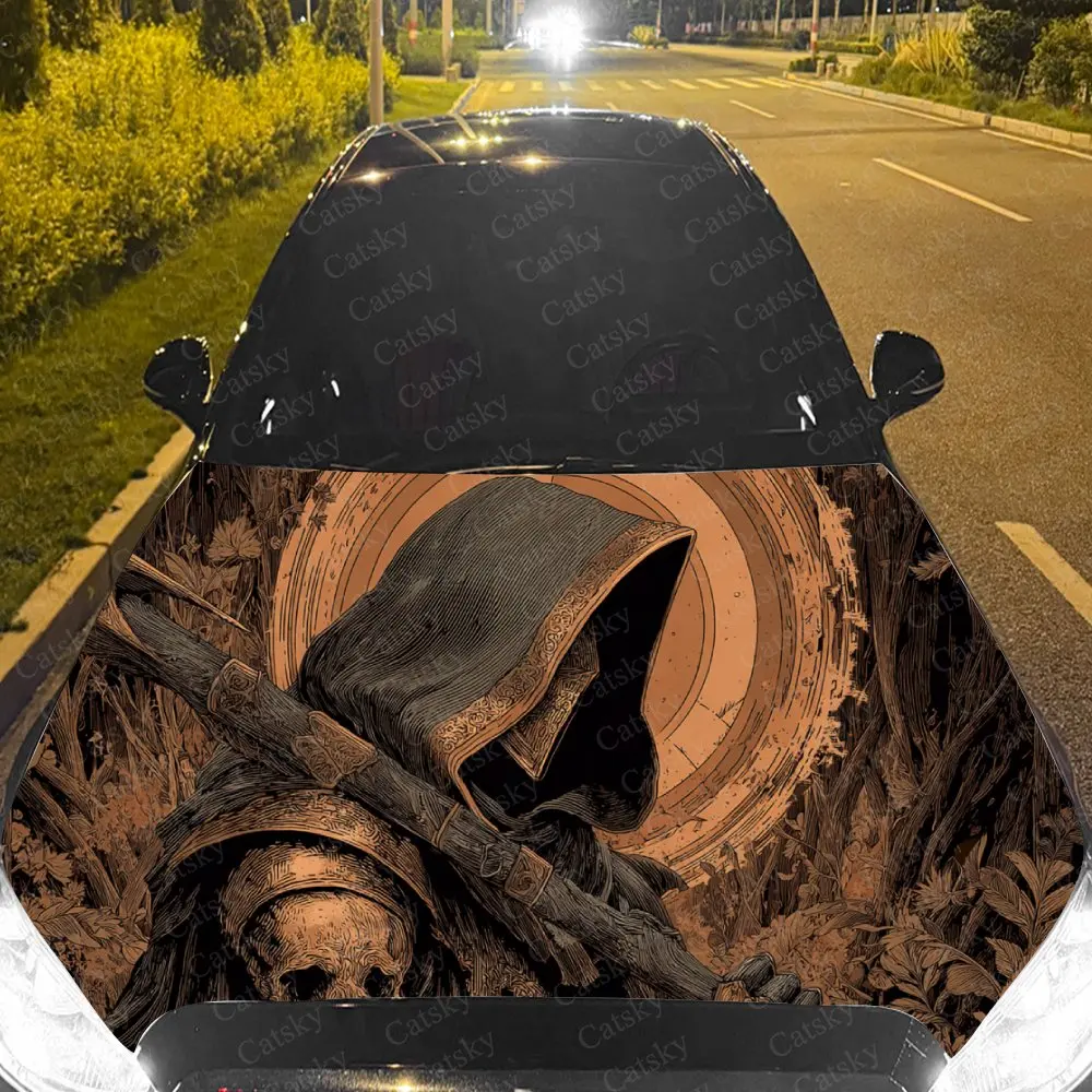 

Car Decal Brown Reaper with Grunge Textural Artistic Fusion Design, Creating a Mysterious and Vintage-Dark Visual Car Hood Stick