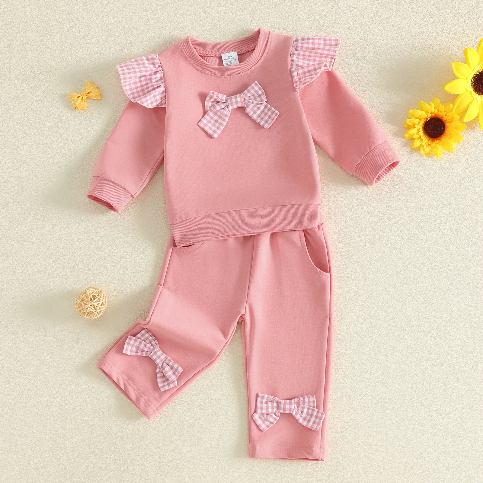1-4Y Toddler Baby Girls Fall Sweatshirt Outfit Bow Decor Long Sleeve Sweatshirt with Pants Kids Autumn Clothing Set