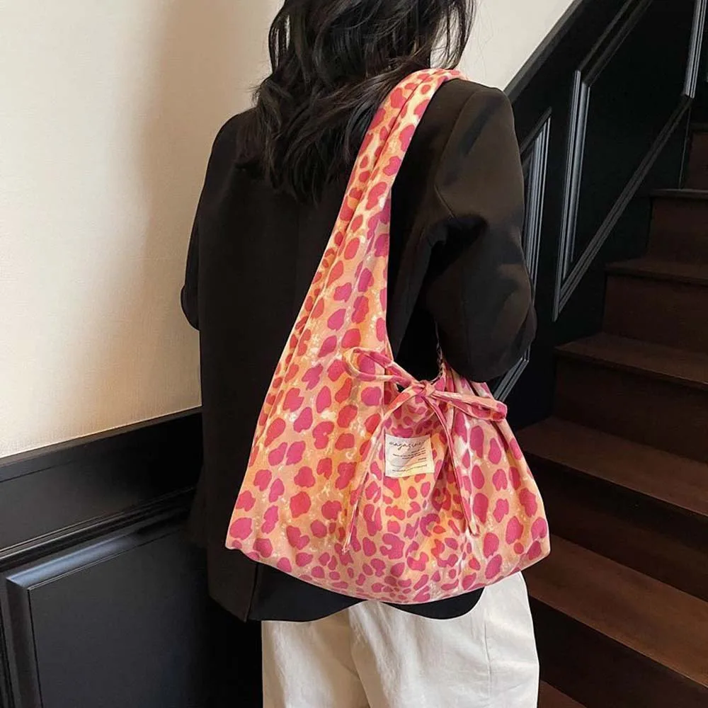 Double Sided Leopard Print Tote Bag, Stylish Leopard Print Handbag for Women, Fashion Bow Large Capacity Shoulder Bag view 4