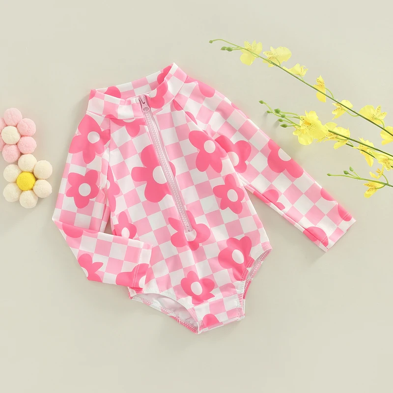 Yiiciovy Baby Girls Pink Floral Print Swimsuit Infant Babies Flower Plaid Long Sleeve Bikini Zipper Front Swimwear Bathing Suit