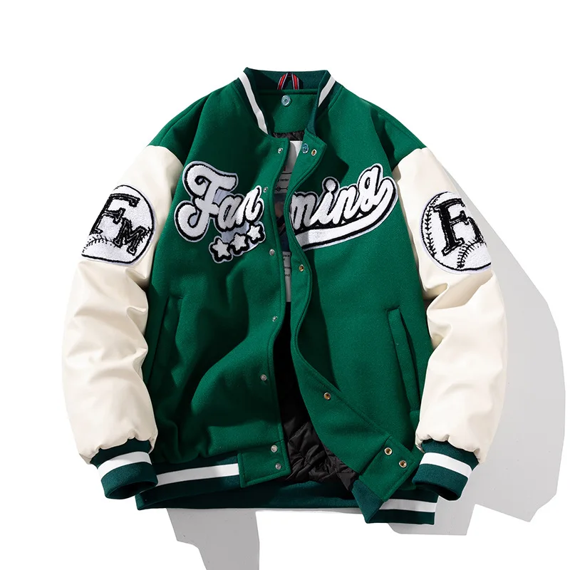 OIMG Color blocking baseball jacket men's hip-hop embroidery loose couple color blocking jacket with cotton thick coat