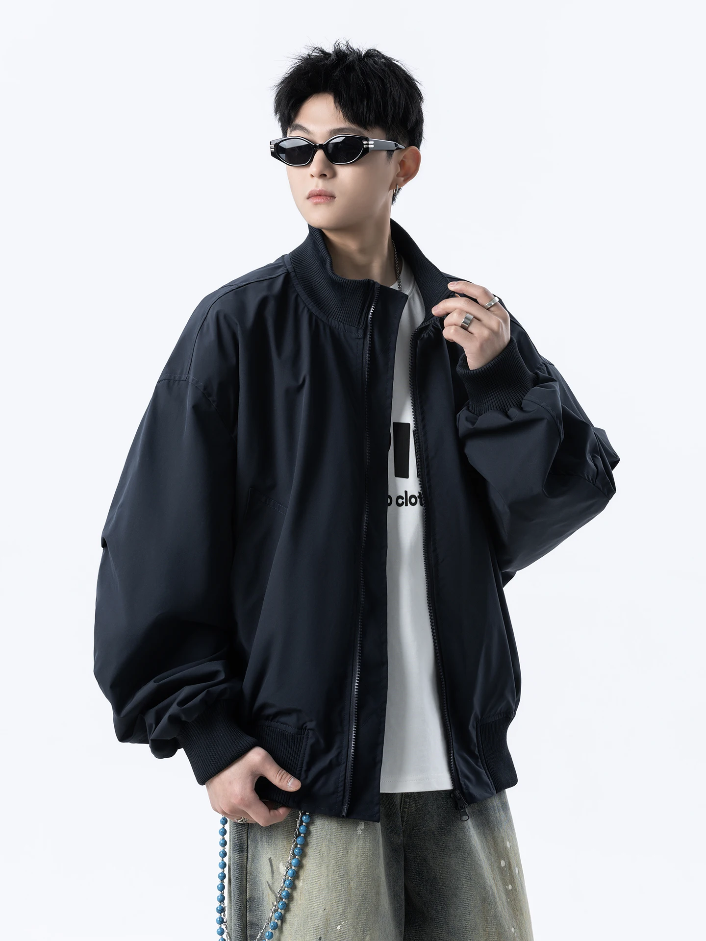 

Loose Fit American Sle Flight Jaet in k Blue with Stand Collar And Tee Proofs for Men ort Coat Baseball irt Top