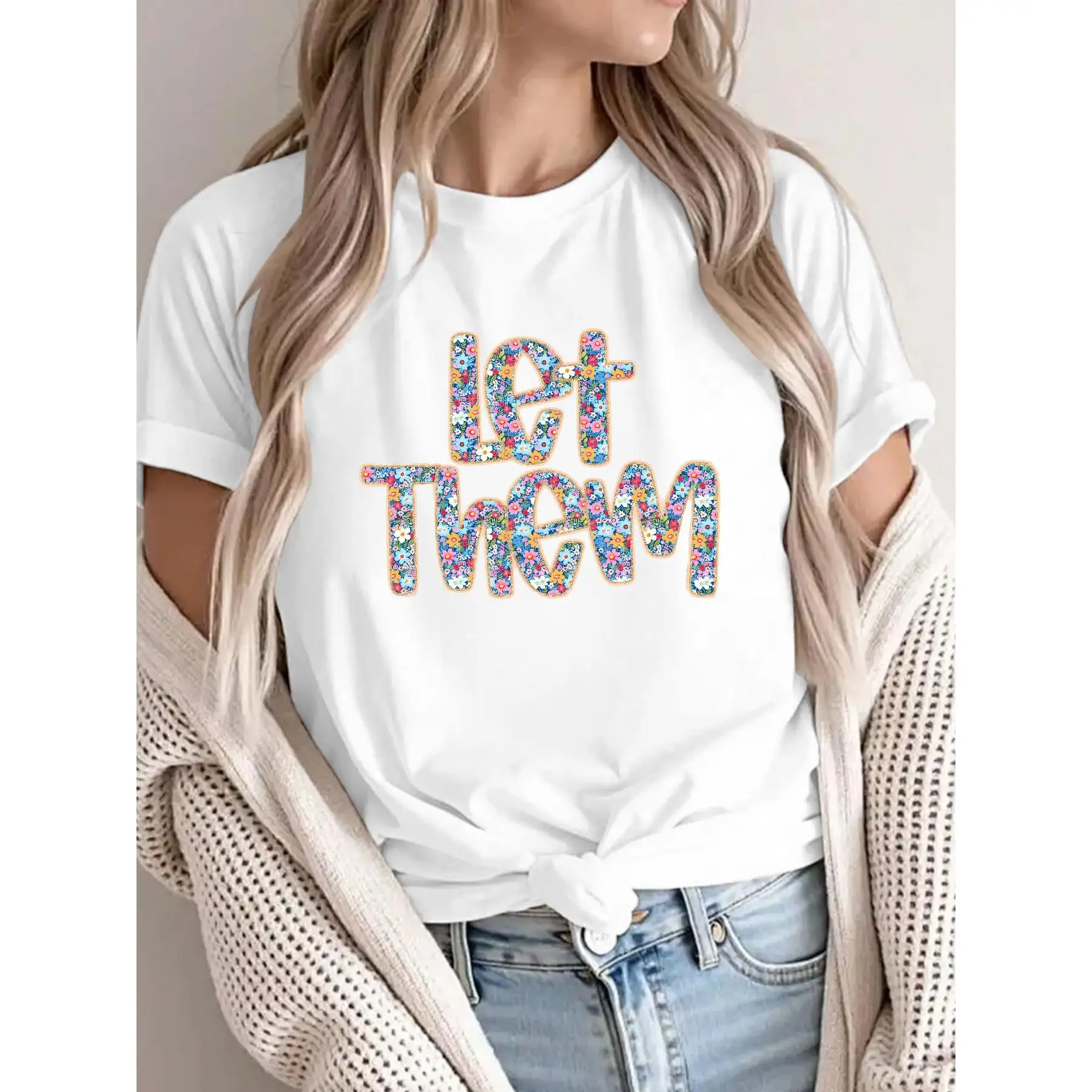 

Let Them T-Shirt, Floral Print Graphic Tee, Inspirational Slogan Top, Positive Vibe Casual Shirt for Women