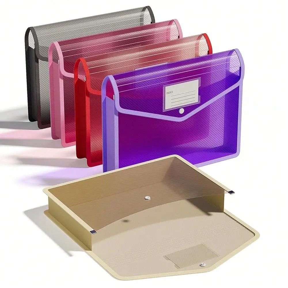 

Plastic Expanding File Folder, Transparent Envelopes With Snap Closure,Suitable For Home, Office, Schoolsss And Hospital, Large Capacity,No Dividers, Dopamine-5-Color, Fit Letter/A4 Size-5 Pcs