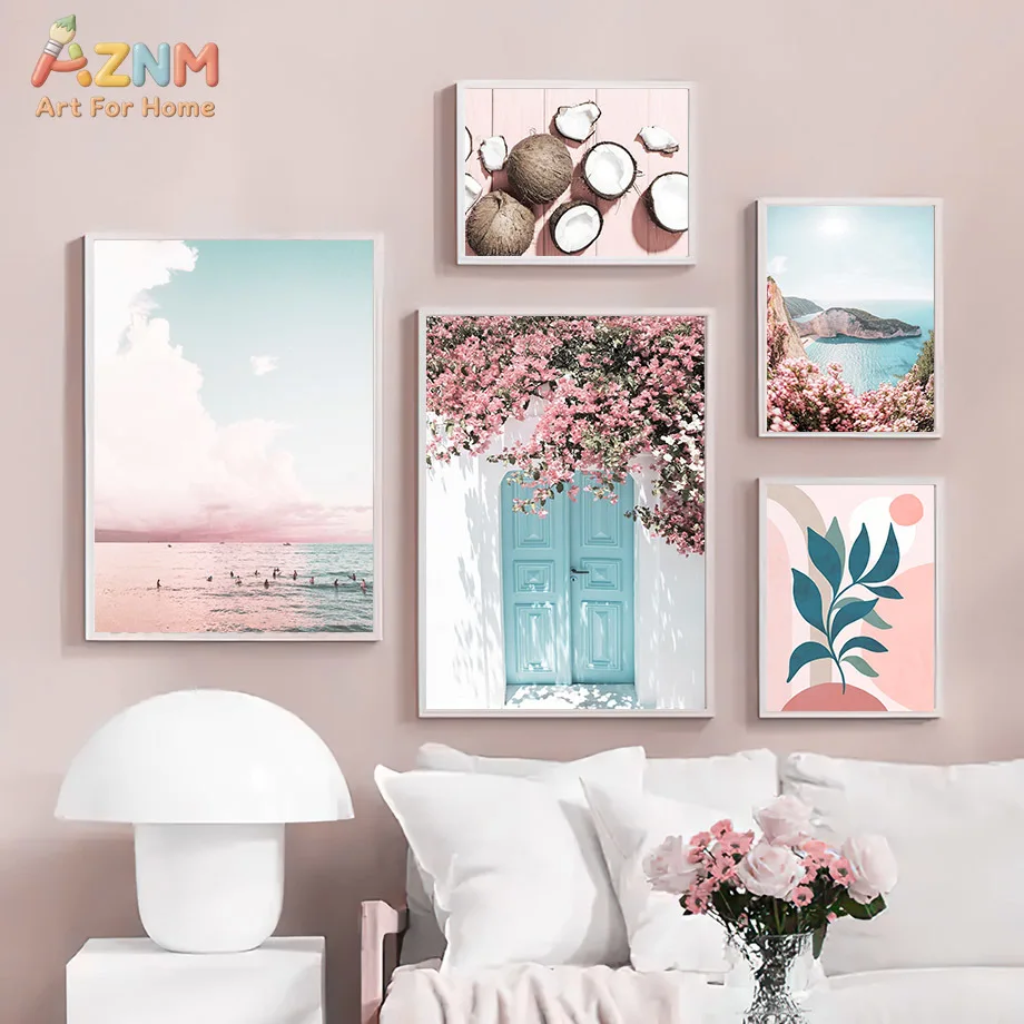AZNM Santorini Greece Coastal Canvas Wall Art, Unframed Single Piece HD Print Poster, Mediterranean Beach Coconut Pineapple Summ