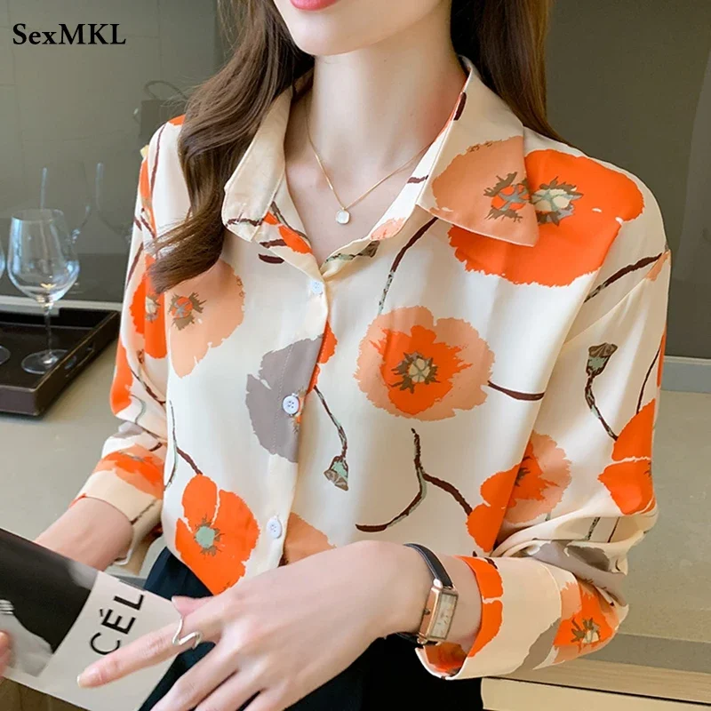 Floral Printed Button Up Shirt Women 2024 Elegant Fashion Long Sleeve Office Chiffon Blouses Y2k French Loose Ladies Tops Mujer