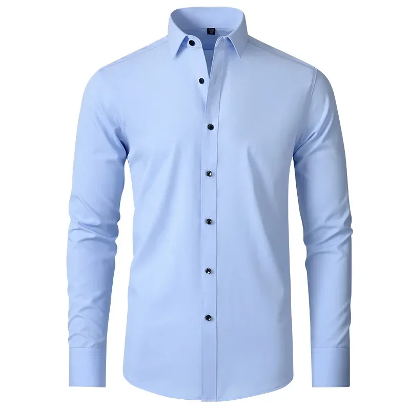 Plus Size High Elasticity Seamless Spandex Shirt Men Long Sleeve Slim Fit Casual Solid Color Social Formal Dress Shirts 50-110KG