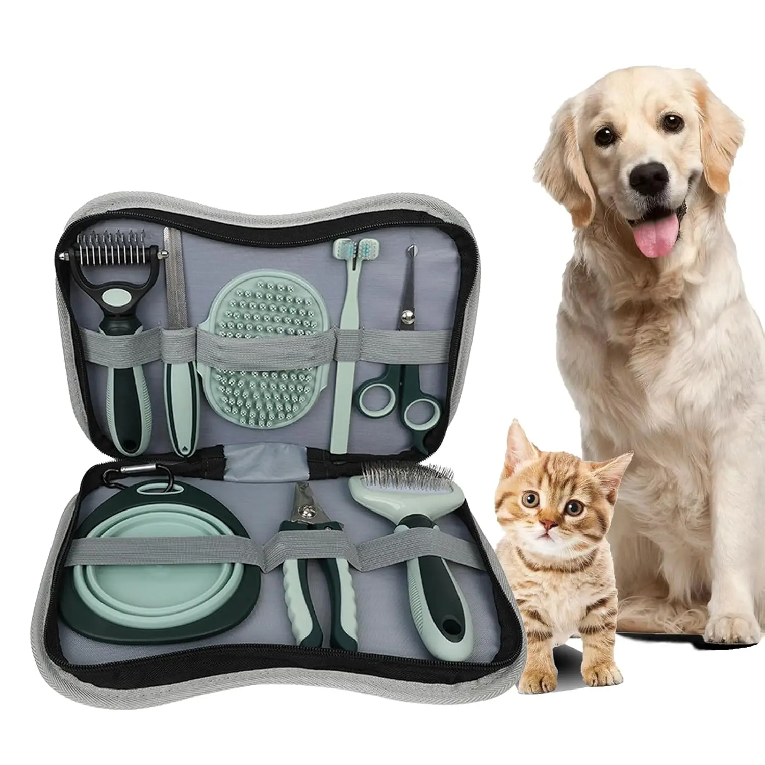 Grooming Brush Kit 8 Pcs for Shedding & Matted Fur, Self-Cleaning with Flea Comb Includes Cat Toothbrush Collapsible Dog Bowls