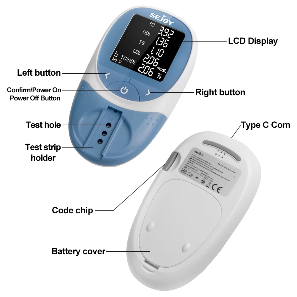 5-in-1 lipidmeter, TC TG HDL LDL triglyceride cholesteroltestkit Bloedlipidenprofielanalysator