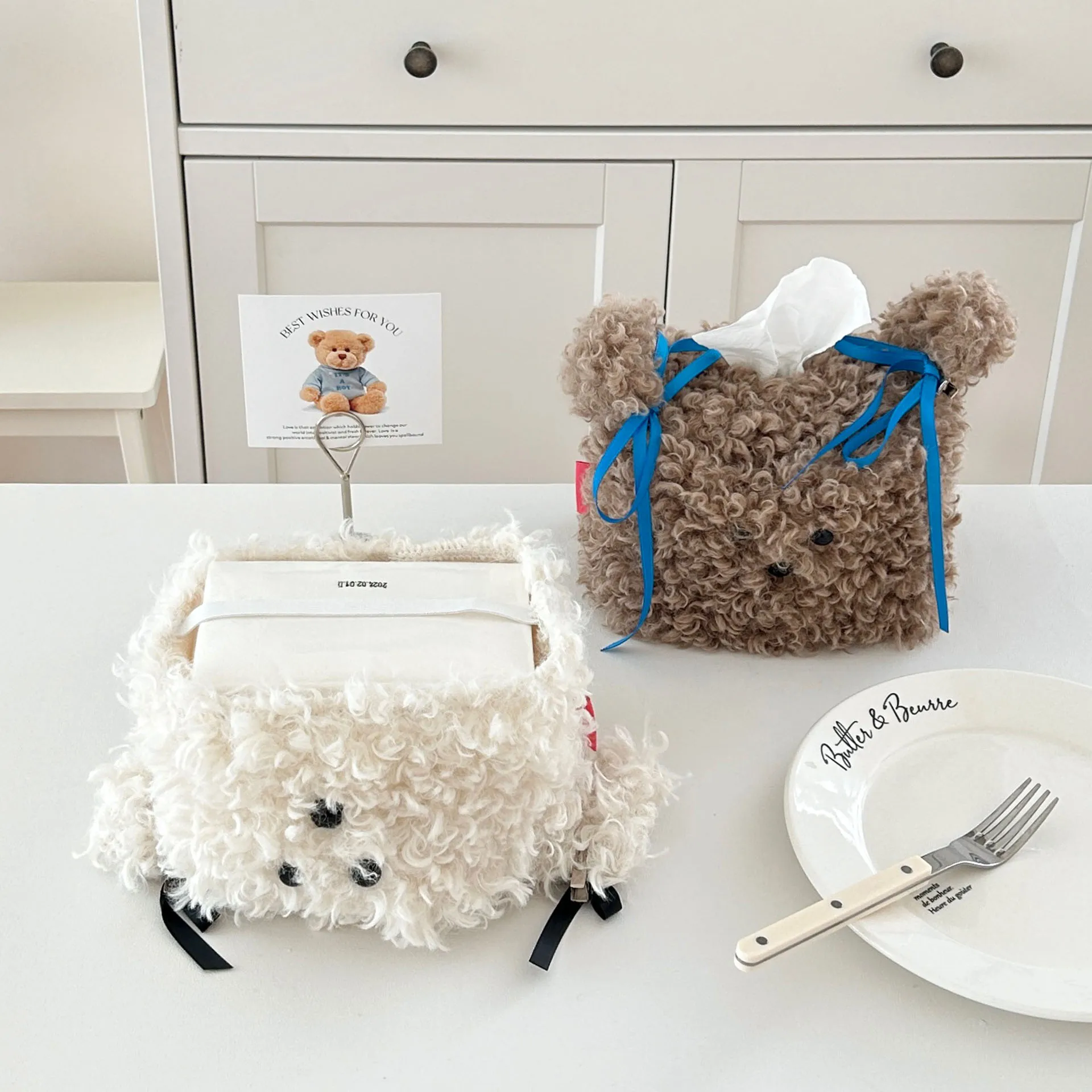 Nordic Style Plush Cartoon Dog Shape Napkin Boxes Solid Color Issue Bag Thread Napkin Holder Tissue Bag Storage Napkins