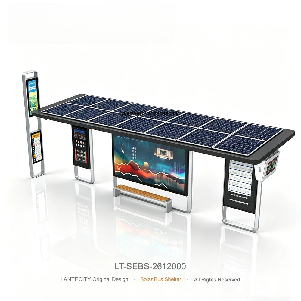 Solar Energy Smart Bus Stop Shelter with Independedent Sign and Integrated Advertising LCD Display