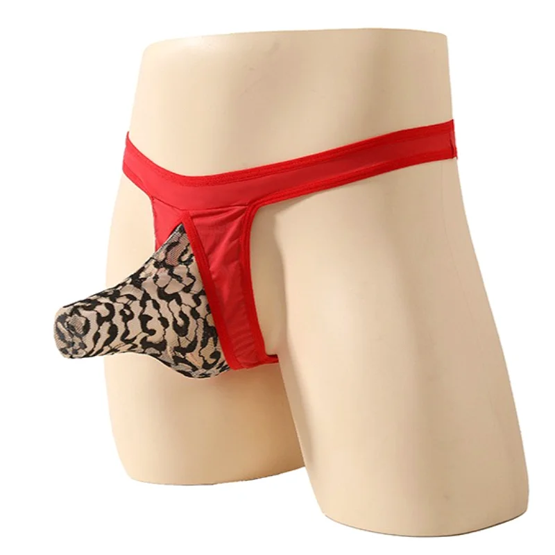 Underwear Sexy Men Leopard Thongs with Penis Sheath Low Waist Mens Lingerie Breathable Man G String Sweat Absorbing Tanga Hombre