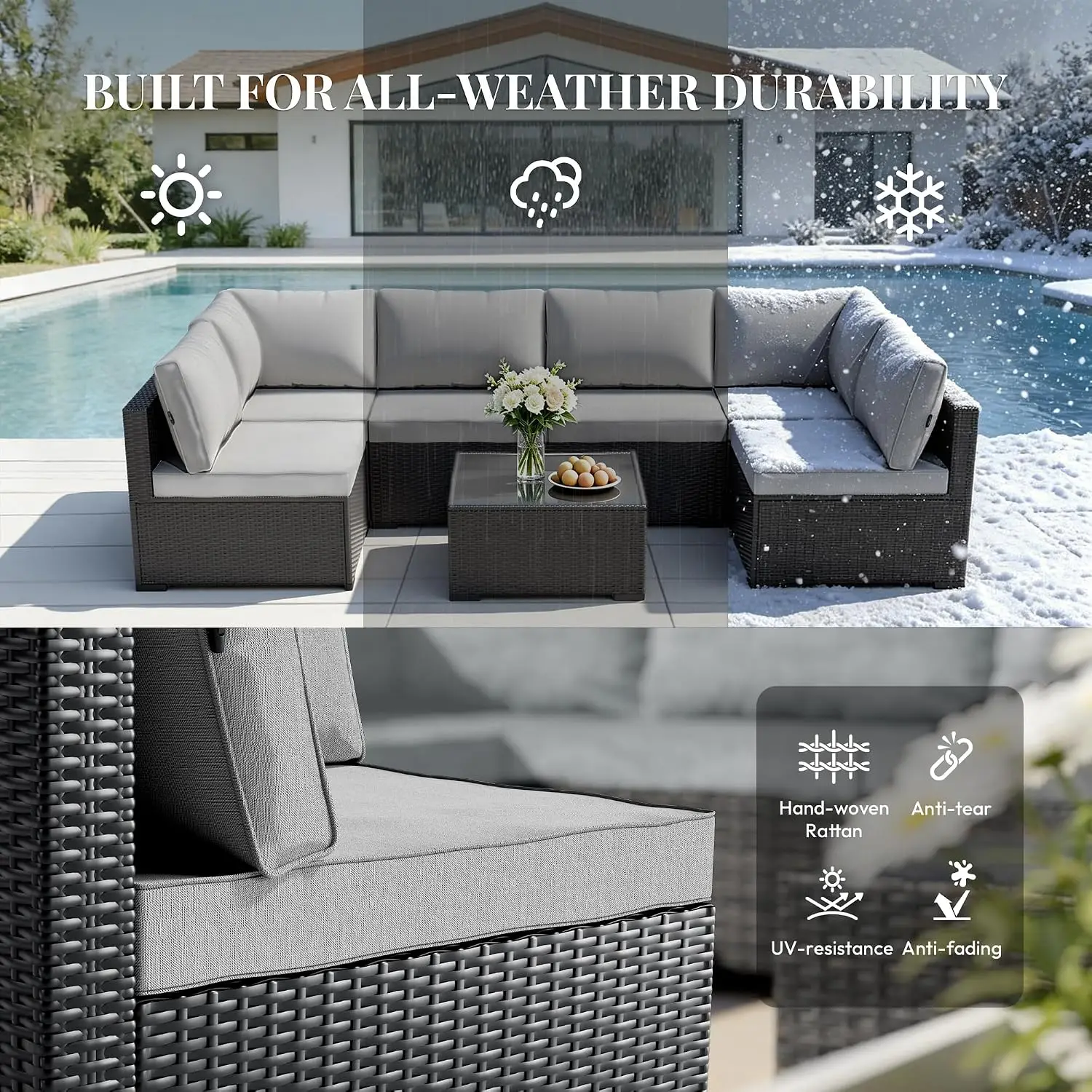 Patio Furniture Set 7 Piece - All-Weather - Wicker Rattan Patio Outdoor Conversation Set, Modular Sectional Sofa for, Custom