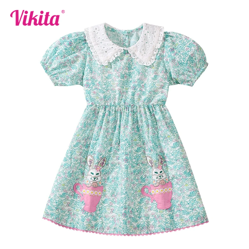 

VIKITA 2025 New Girls Flower Floral Rabbit Cartoon Appliqued Dress Kids Summer Short Sleeve Cotton Casual Daily School Frocks