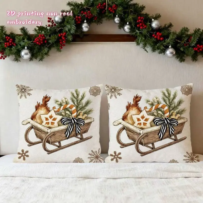 2pcs Christmas Squirrel Gingerbread Plaid Throw Pillow Covers - Winter Snowflake Pinecone Reindeer Sleigh Decorative Case