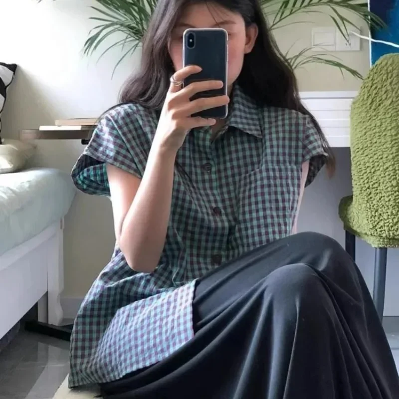 DAYIFUN-Women's Green Plaid Shirt,Summer Japanese Vintage Short Sleeved,Girls' Preppy Style Blouse,Casual,Versatile Simple Tops