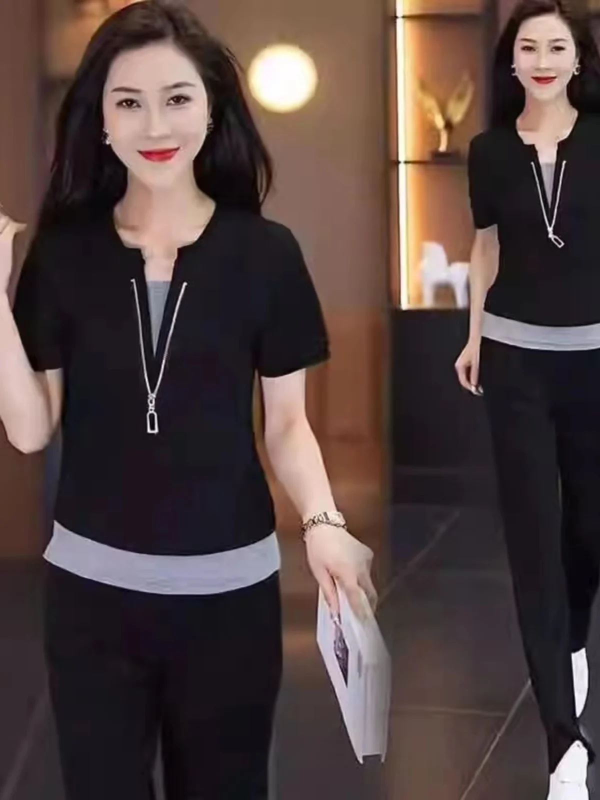 

Casual Sportswear Set Women's Summer New Sli Age-Defng Two-Piece ort Sve Wide Leg Pants Trendy Polyester Fiber V-Ne